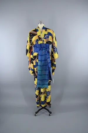 1930s Vintage Silk Kimono Robe / Yellow & Blue Abstract Moderne