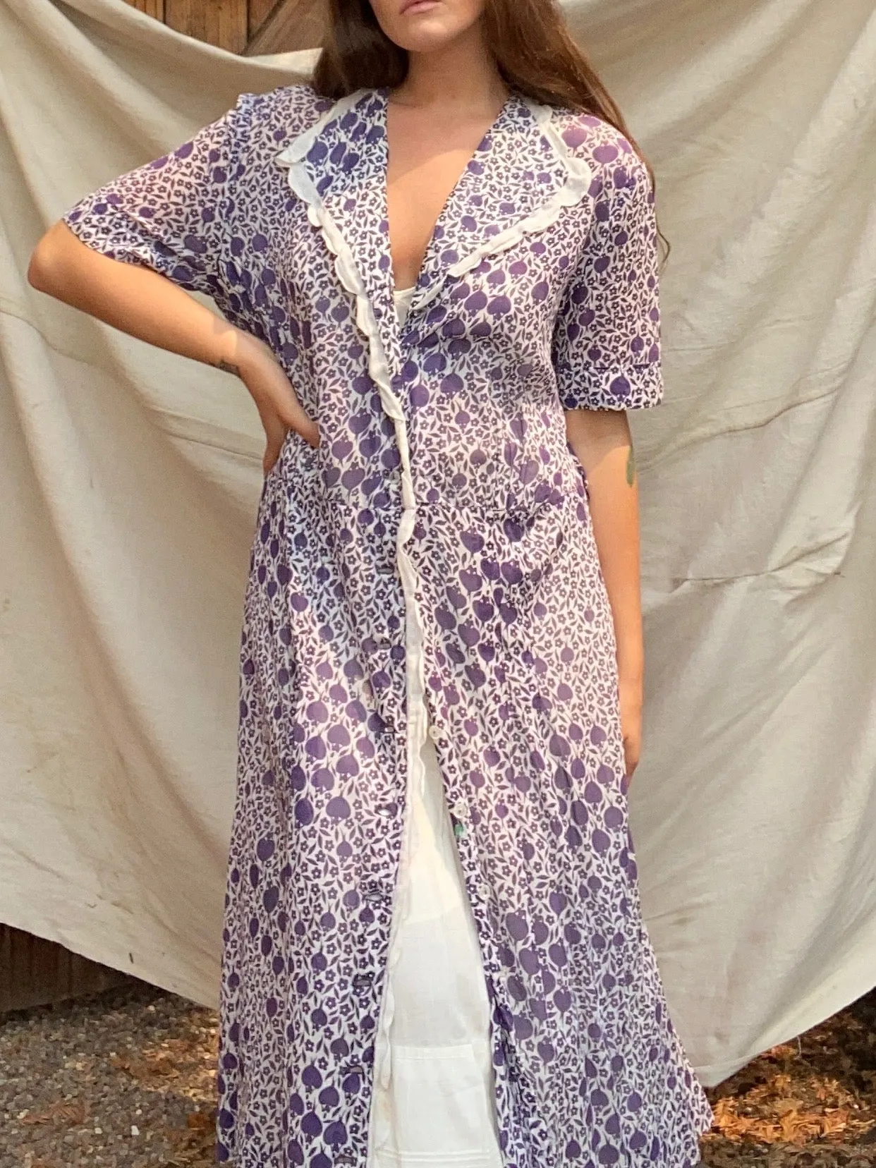 1930s/40s Figural Floral Novelty Print Midi Dress
