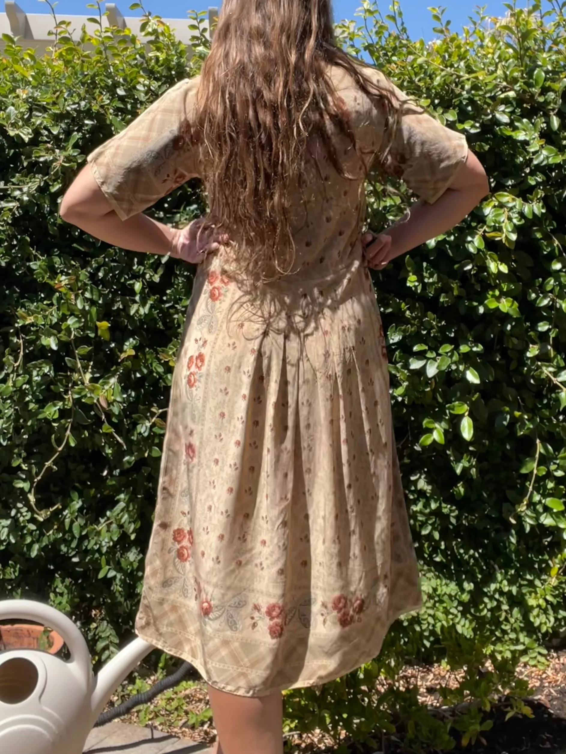 1960s Silk Floral Scarf Print Drop Waist Midi Length Dress