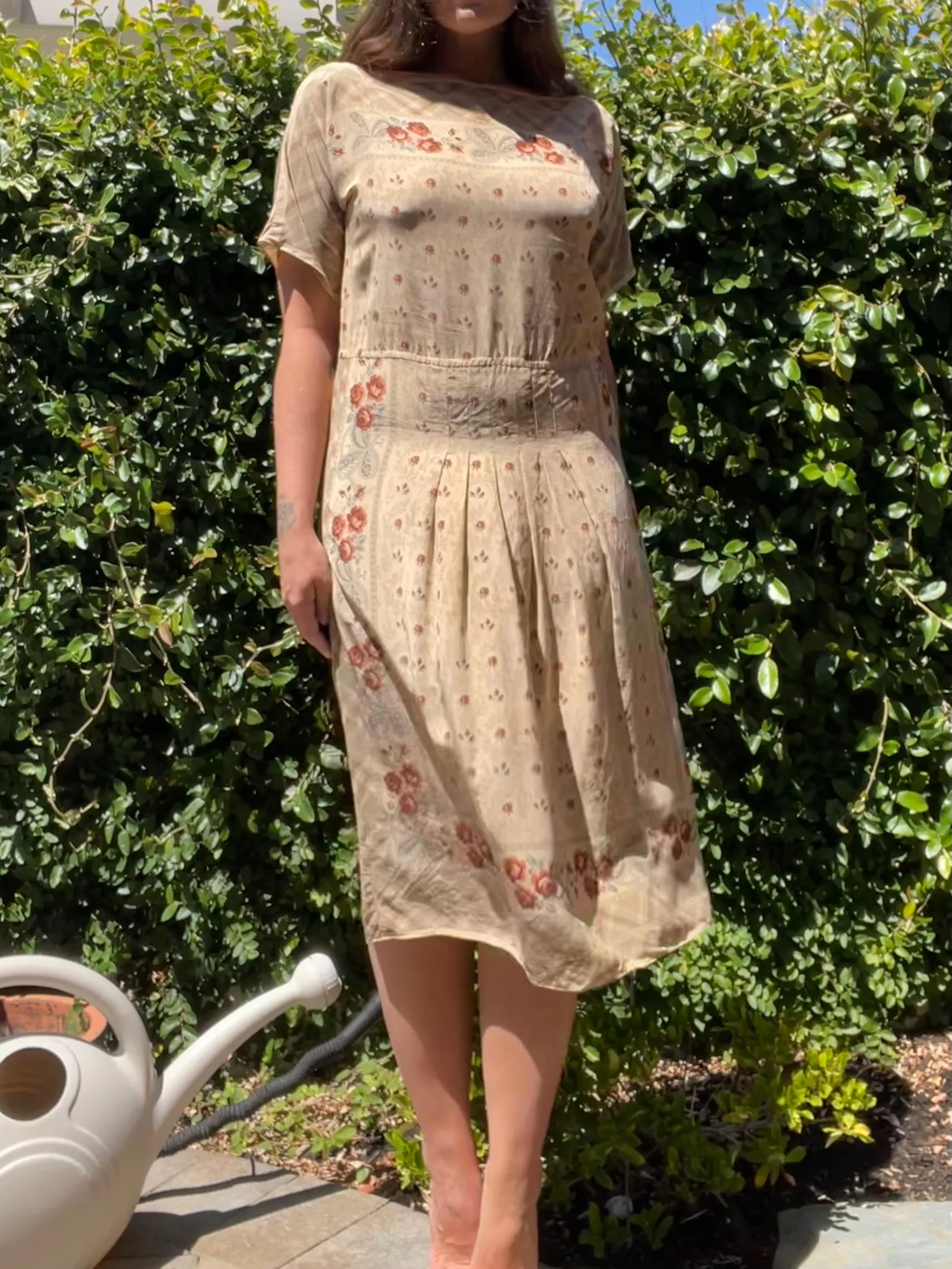 1960s Silk Floral Scarf Print Drop Waist Midi Length Dress