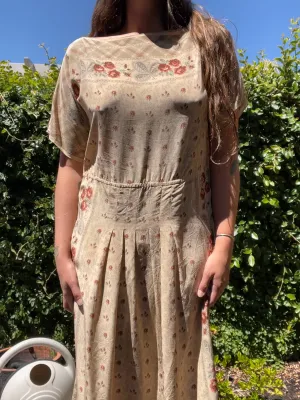 1960s Silk Floral Scarf Print Drop Waist Midi Length Dress