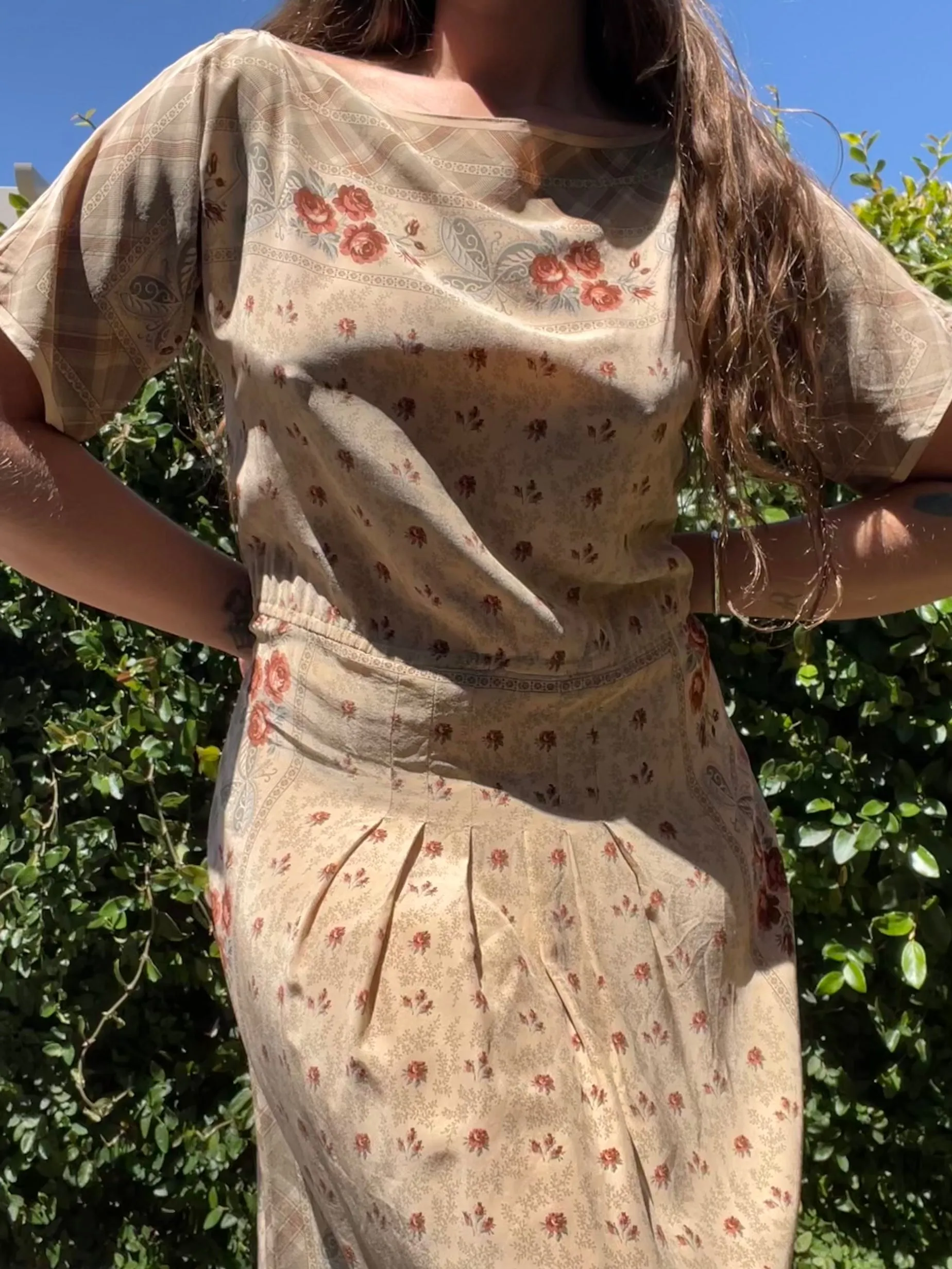 1960s Silk Floral Scarf Print Drop Waist Midi Length Dress