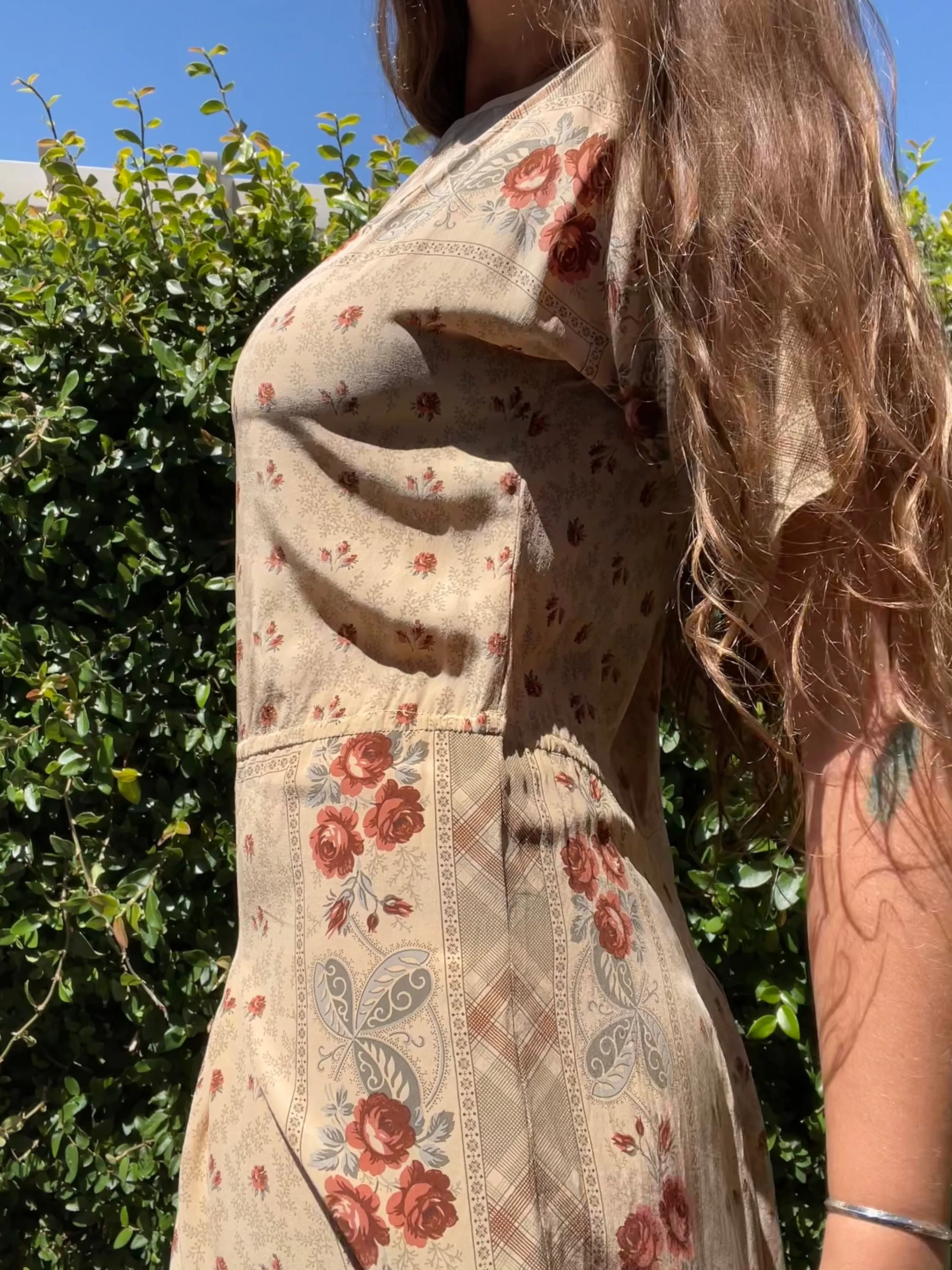 1960s Silk Floral Scarf Print Drop Waist Midi Length Dress