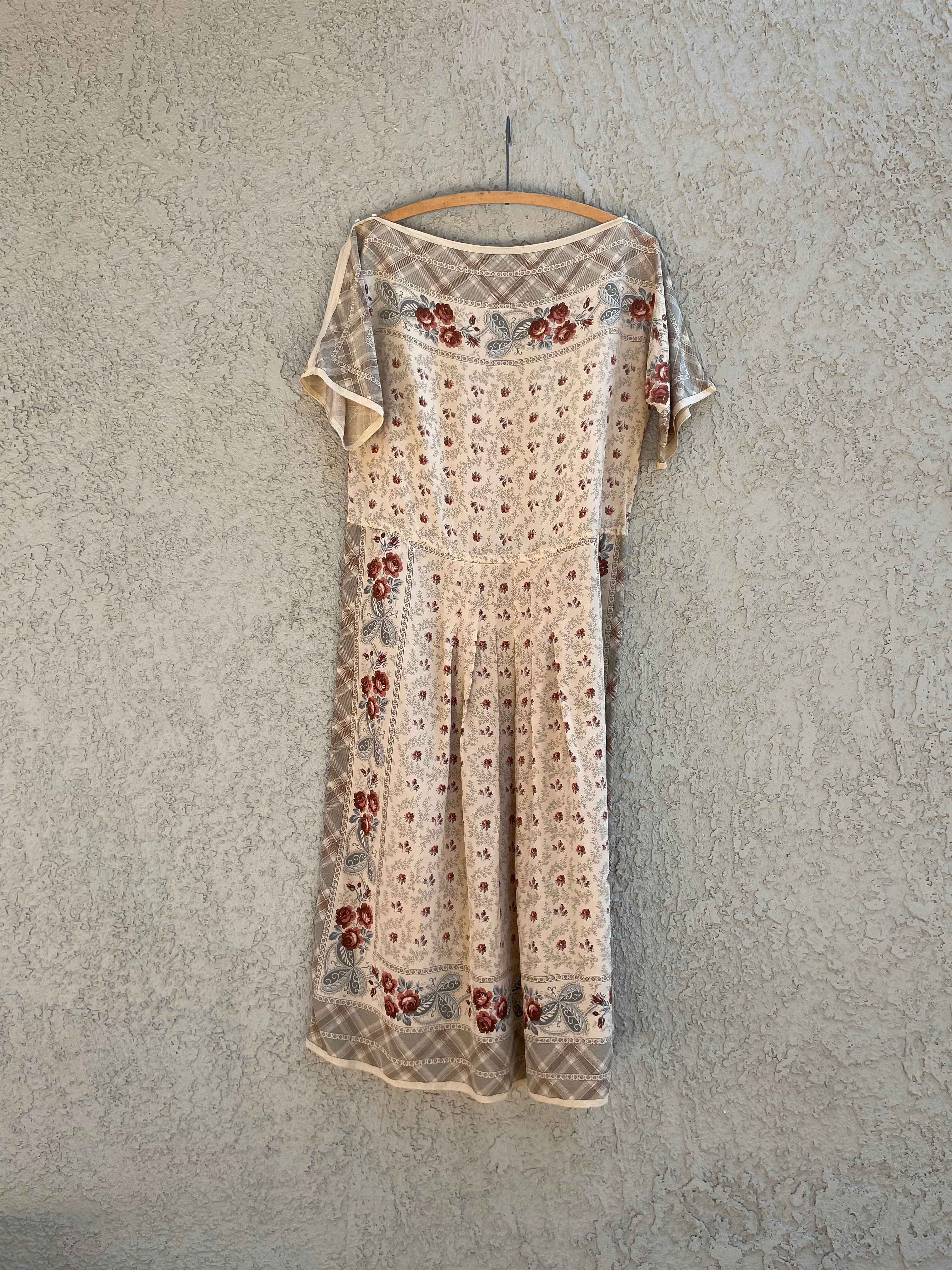 1960s Silk Floral Scarf Print Drop Waist Midi Length Dress