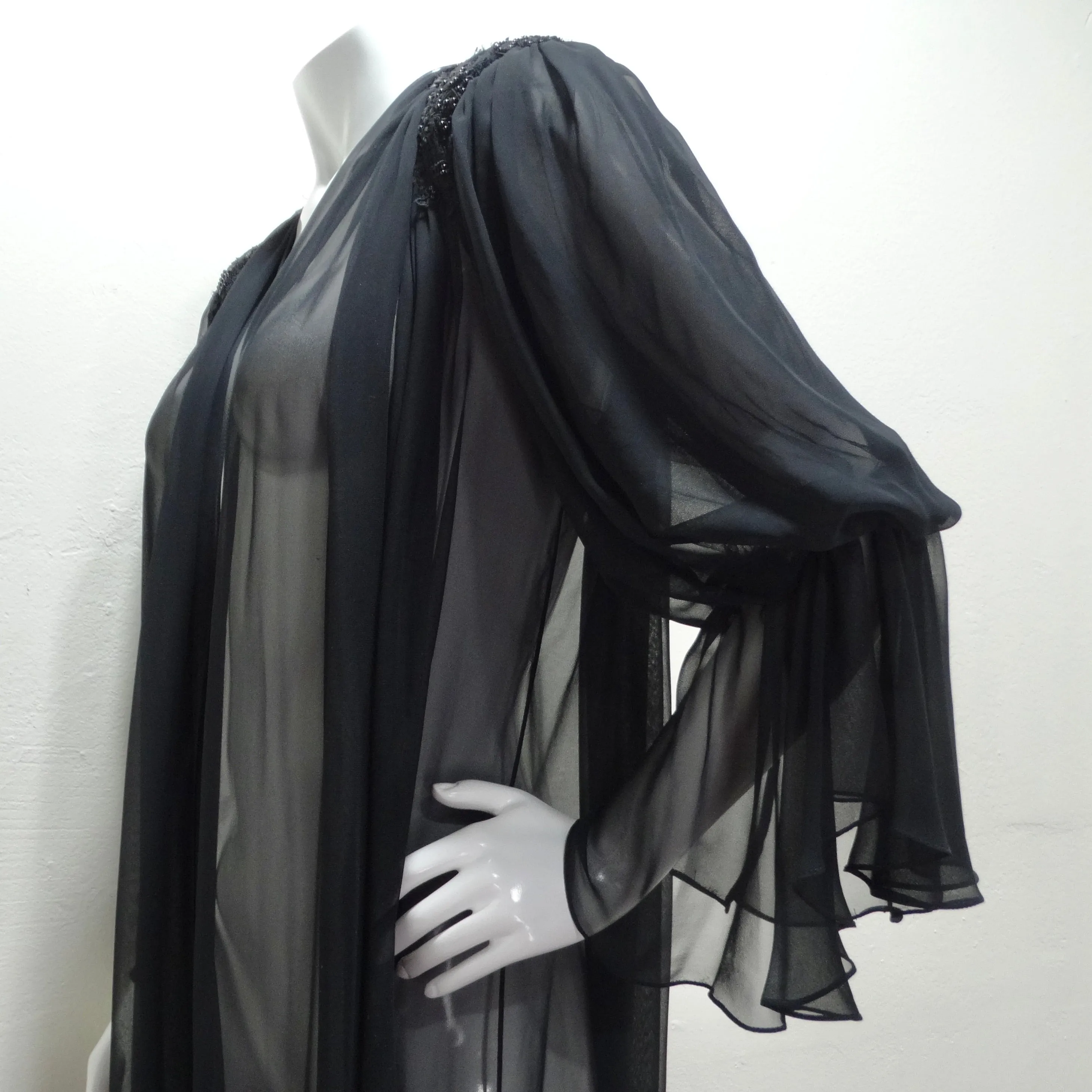 1980s Black Sheer Embellished Robe