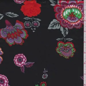2 YD PC-Black/Orange/Fuchsia Floral Satin Charmeuse Fabric