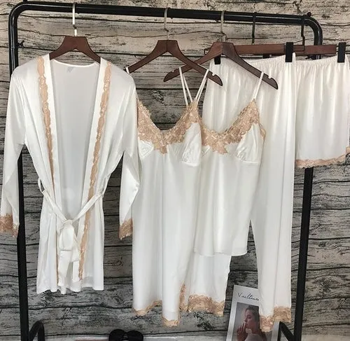 2019 Women Sleepwear 5 Pieces Pyjamas Satin Silk
