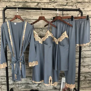 2019 Women Sleepwear 5 Pieces Pyjamas Satin Silk
