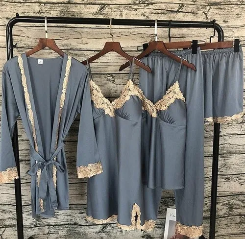 2019 Women Sleepwear 5 Pieces Pyjamas Satin Silk