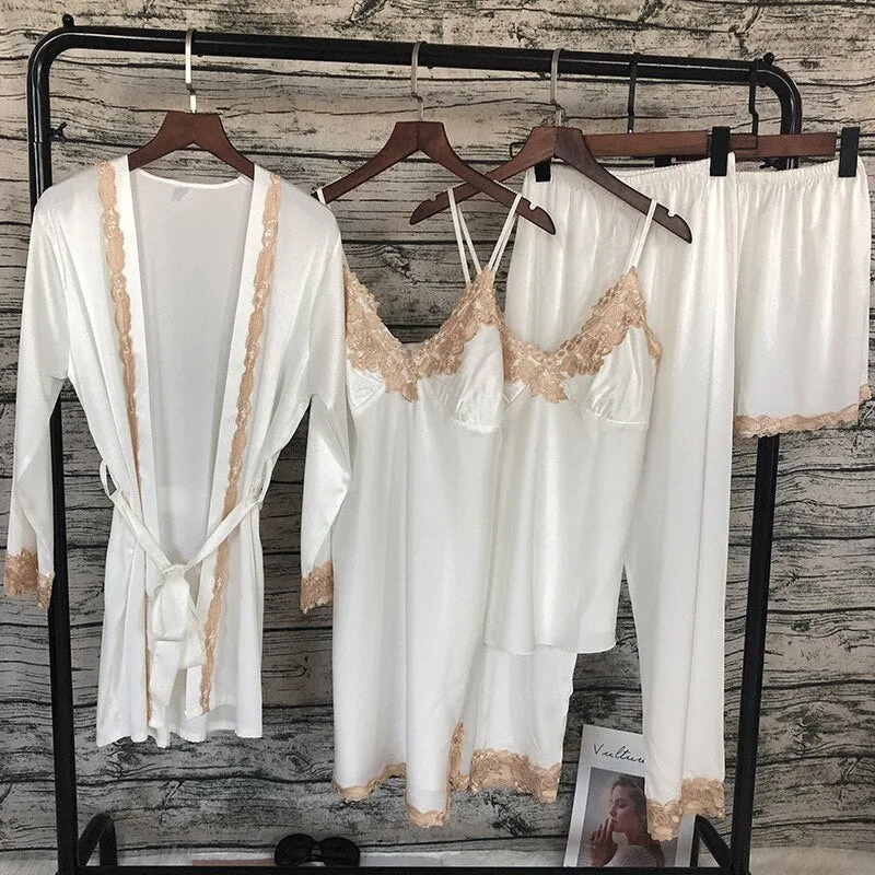 2019 Women Sleepwear 5 Pieces Pyjamas Satin Silk