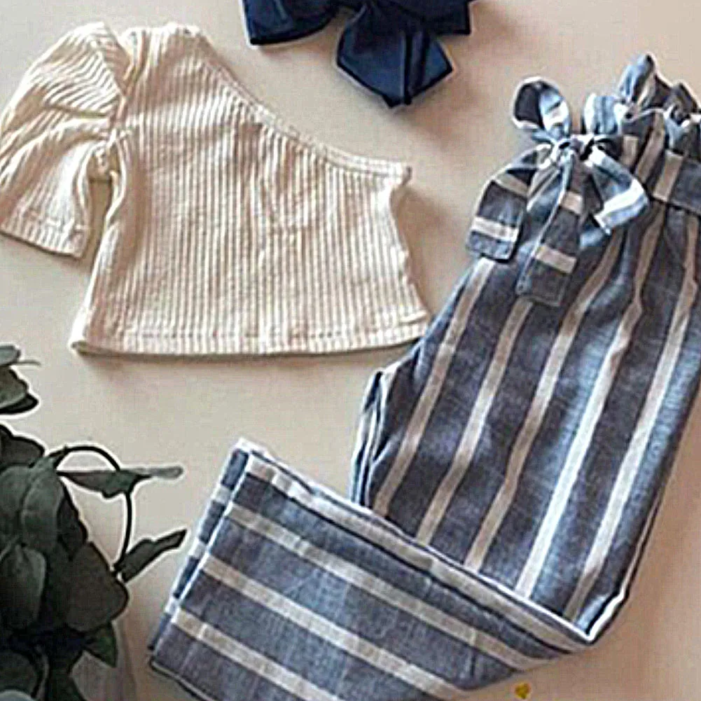 2pc Toddlers One Shoulder Blouse and Striped Pants