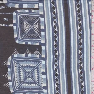 3 1/8 YD PC-Black/Blue Medallion Stripe Silk Chiffon