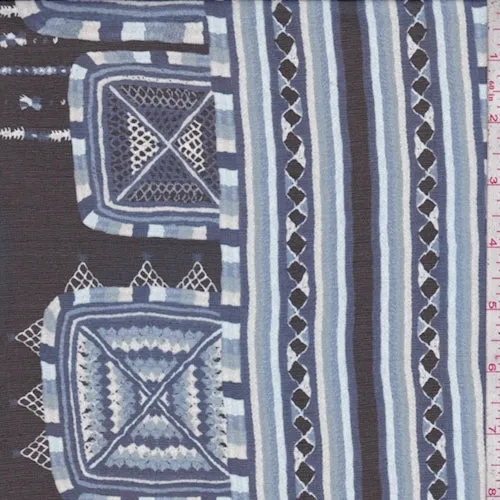 3 1/8 YD PC-Black/Blue Medallion Stripe Silk Chiffon