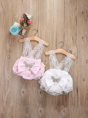 [6-12m] Alessandras Little Bow Lace Vintage Romper w/Headband in White