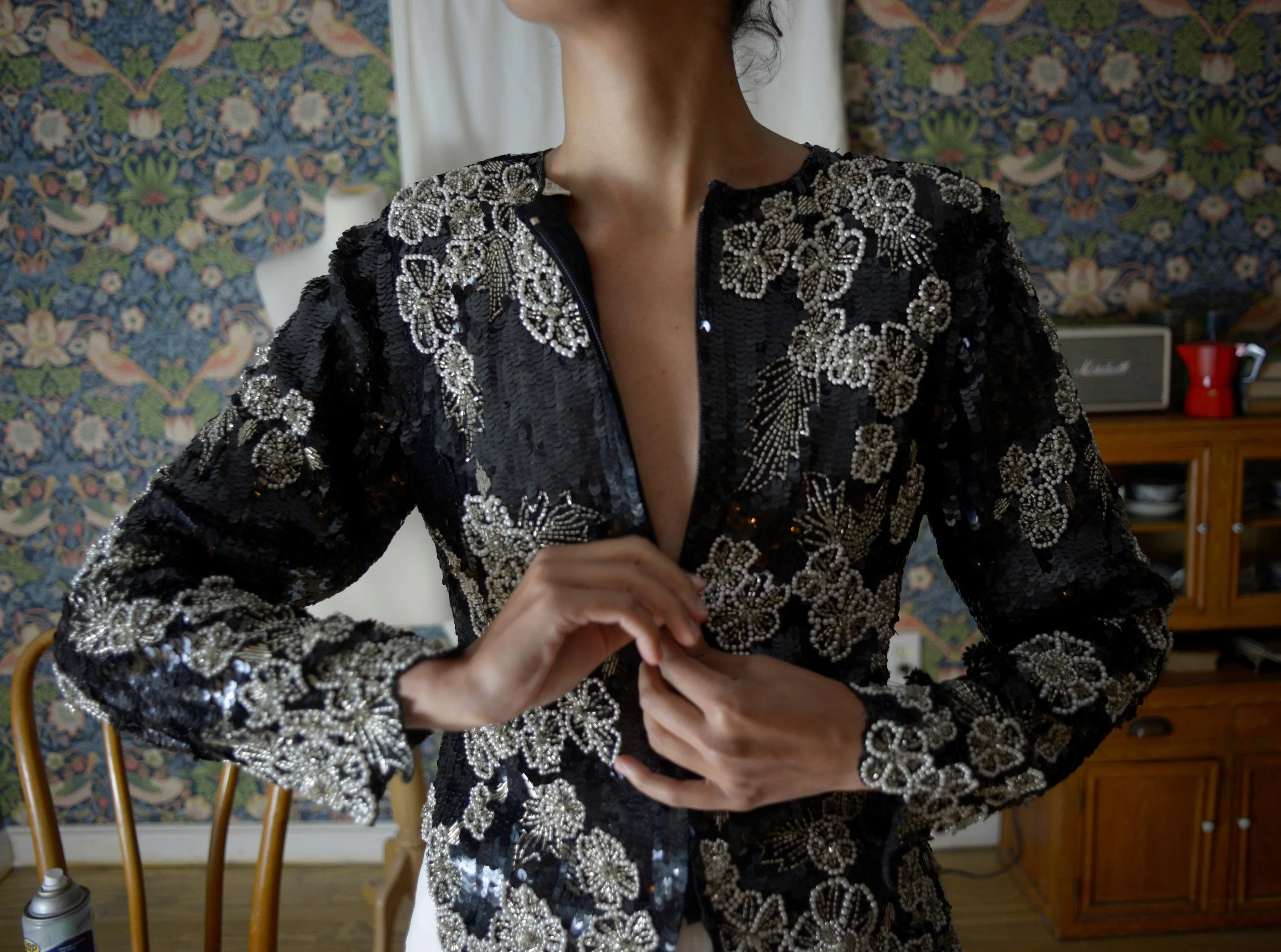80s pure silk beaded floral pattern cut out hem blouse // small, 34" bust