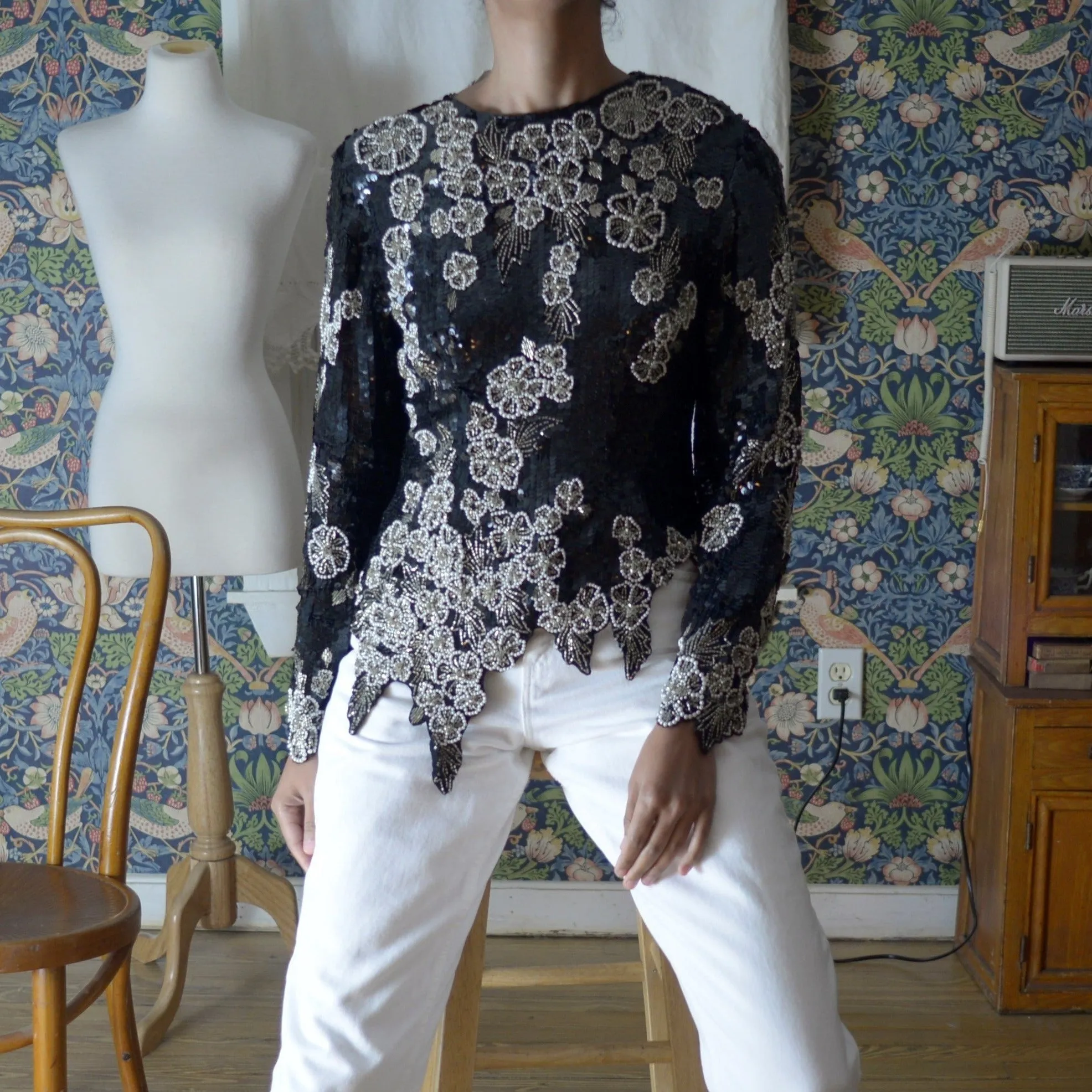 80s pure silk beaded floral pattern cut out hem blouse // small, 34" bust