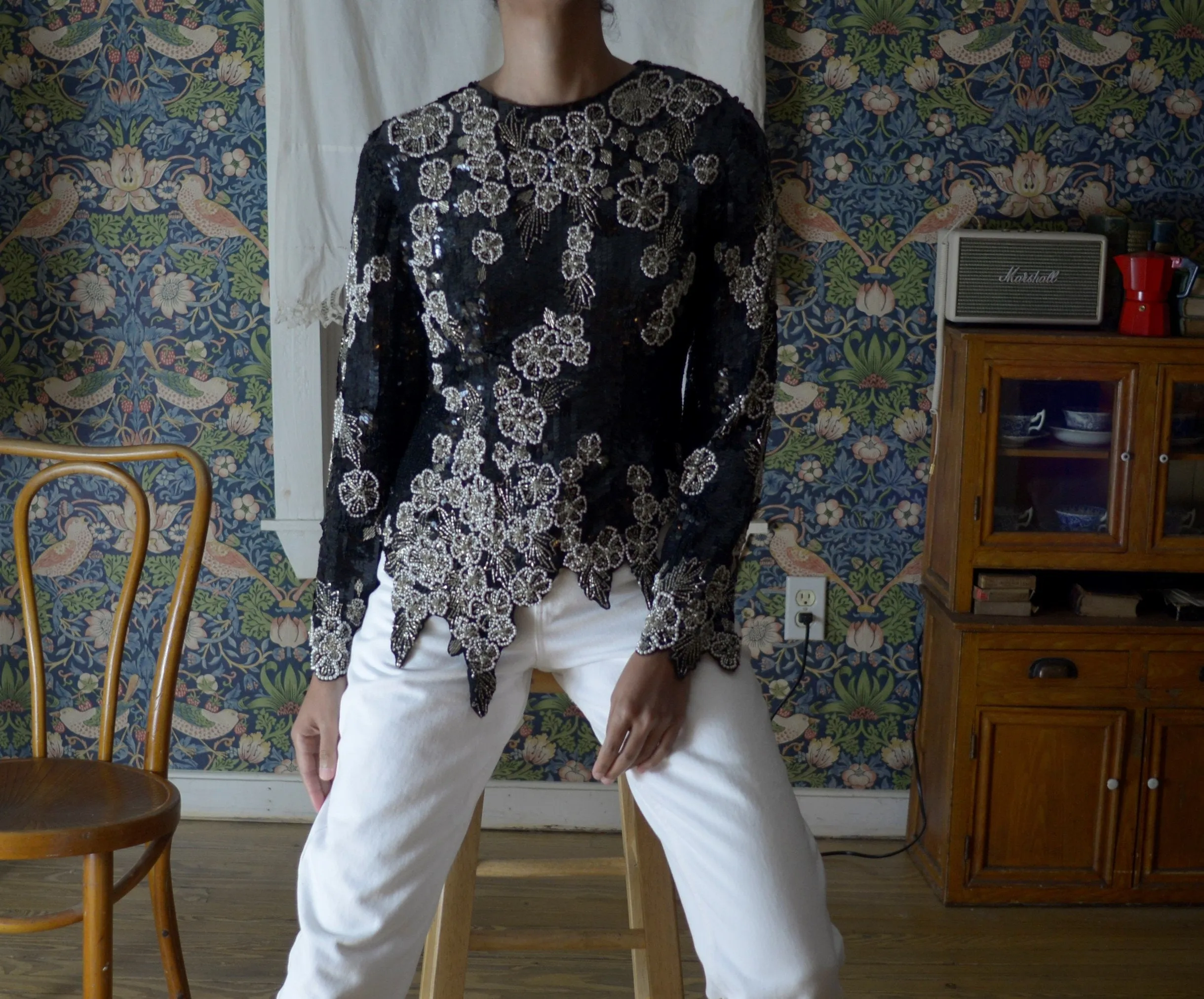 80s pure silk beaded floral pattern cut out hem blouse // small, 34" bust