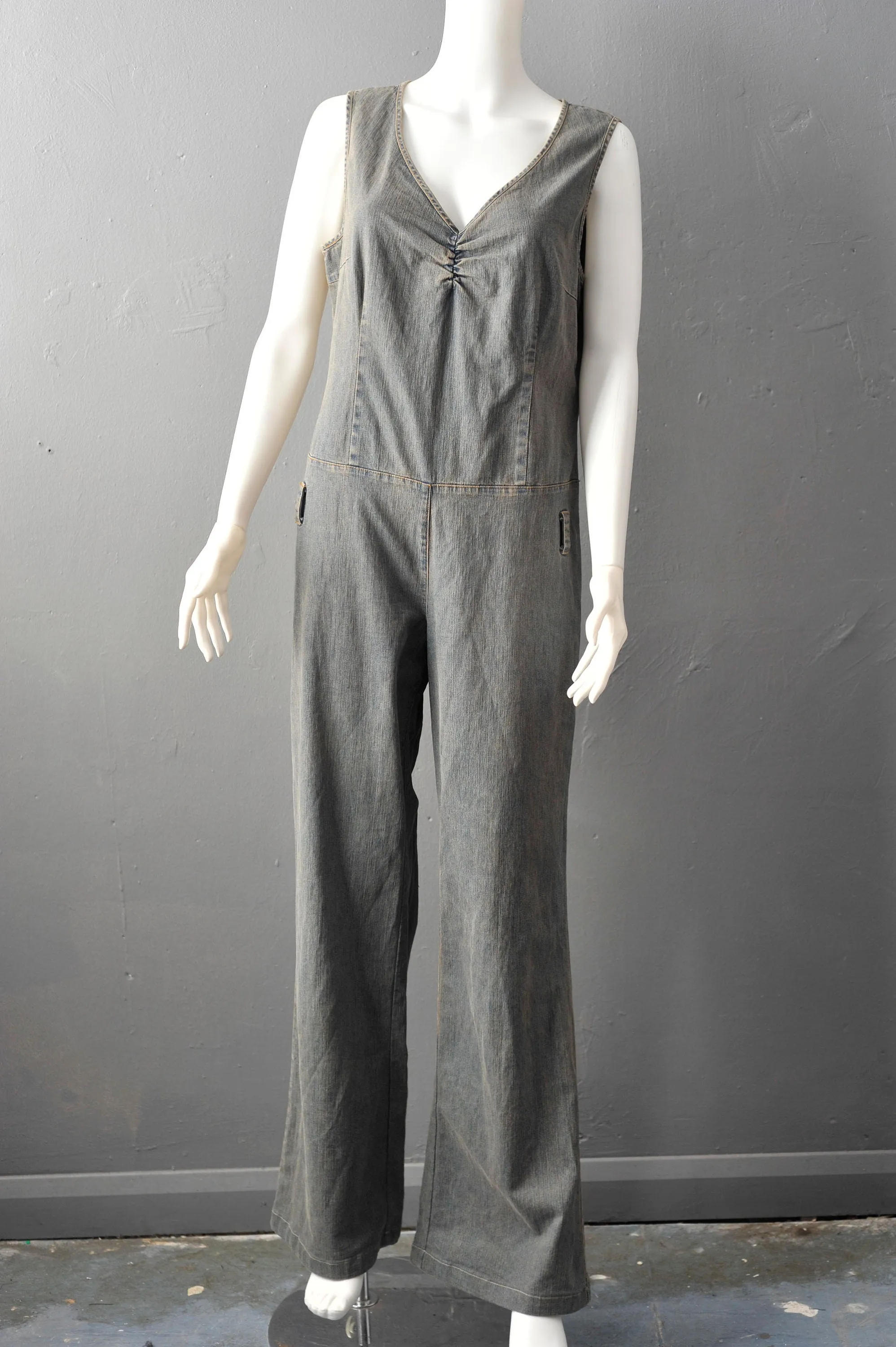 90s Flared Denim Jumpsuit, Retro Bell Bottom Overalls, Size Large