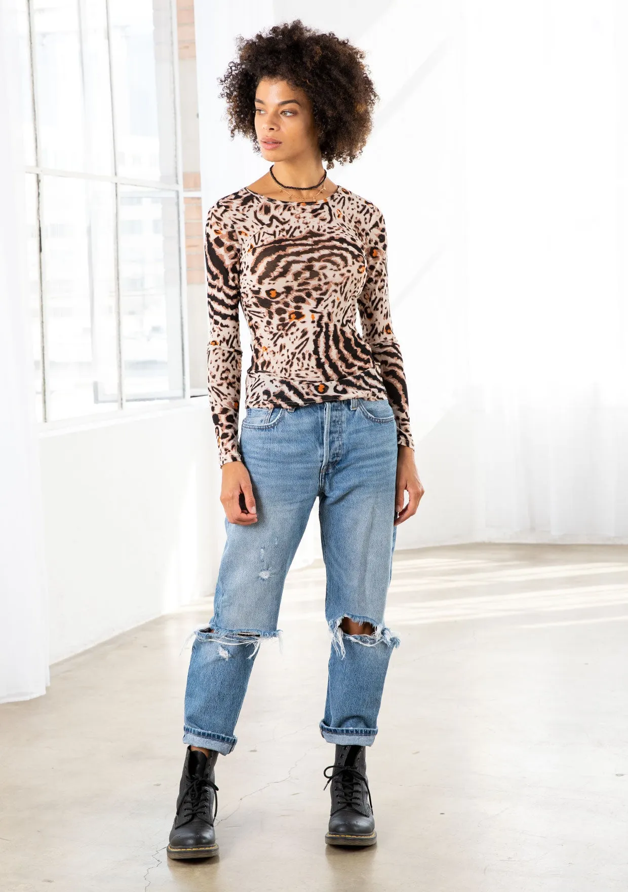 Animal Print Long Sleeve Sheer Mesh Top