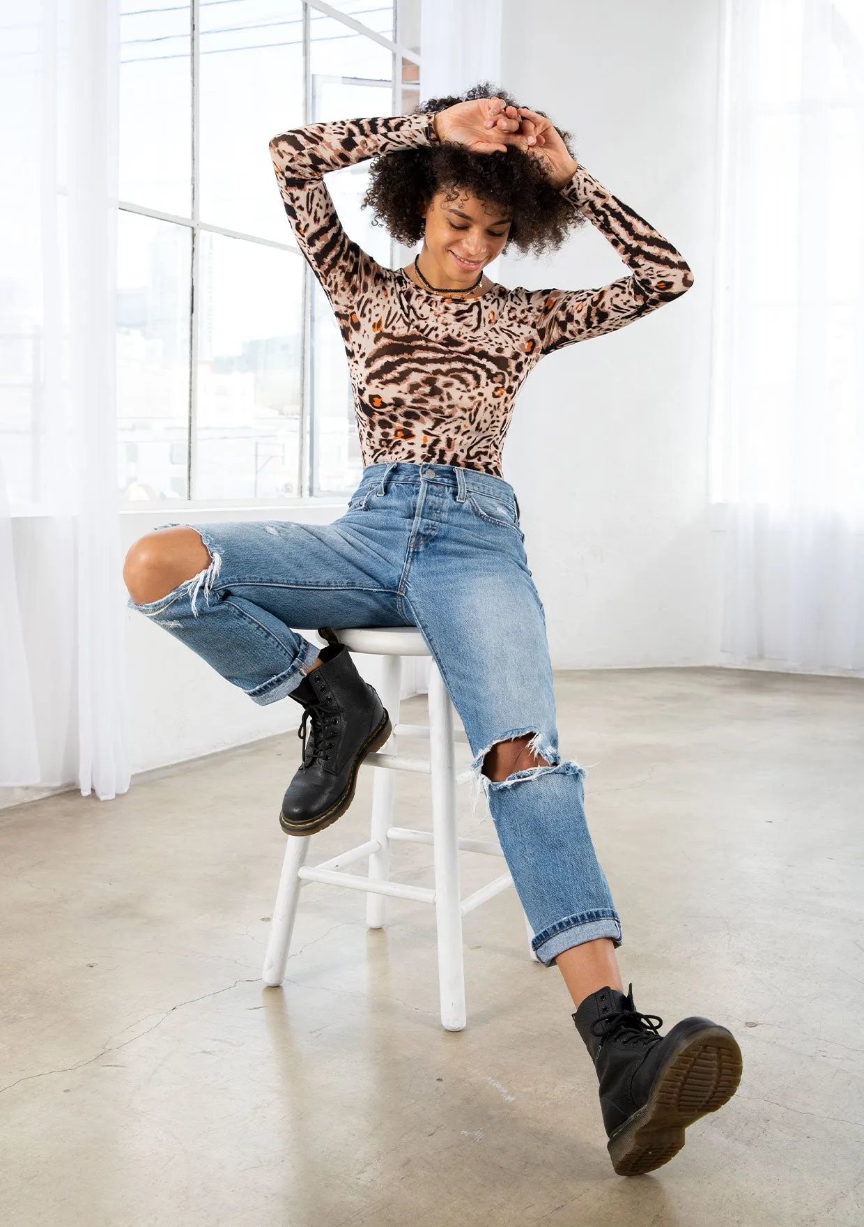 Animal Print Long Sleeve Sheer Mesh Top