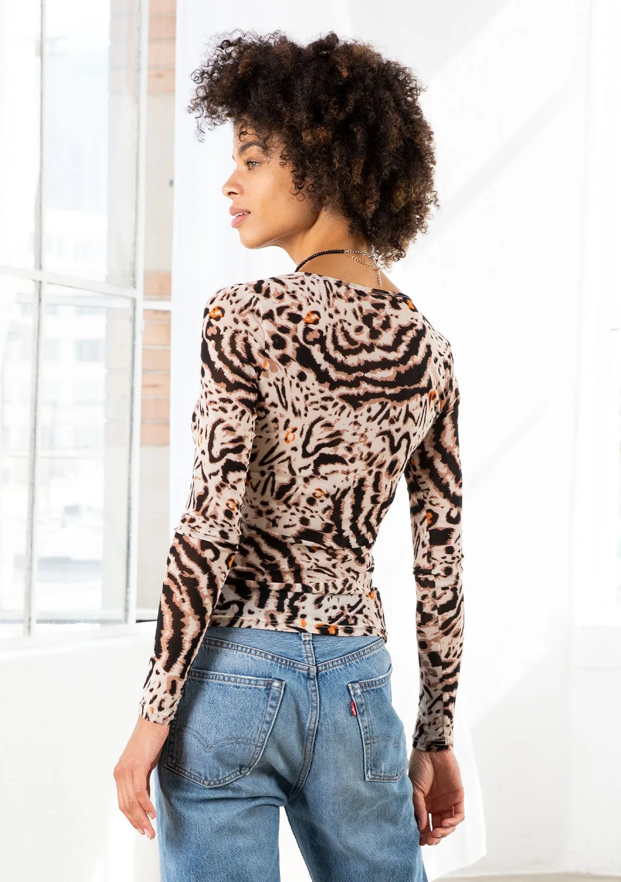 Animal Print Long Sleeve Sheer Mesh Top
