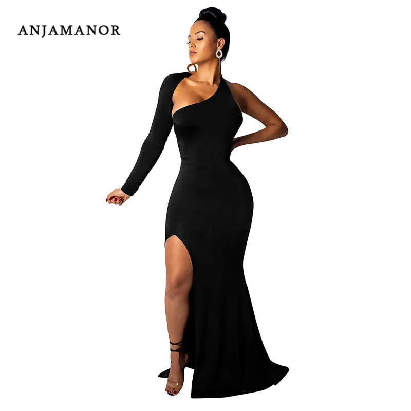 ANJAMANOR  Solid One Shoulder Backless Long Sleeve High Split Maxi Dress