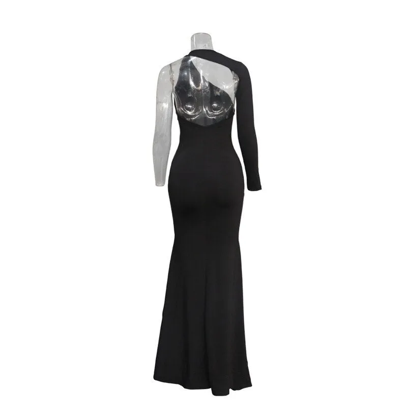 ANJAMANOR  Solid One Shoulder Backless Long Sleeve High Split Maxi Dress