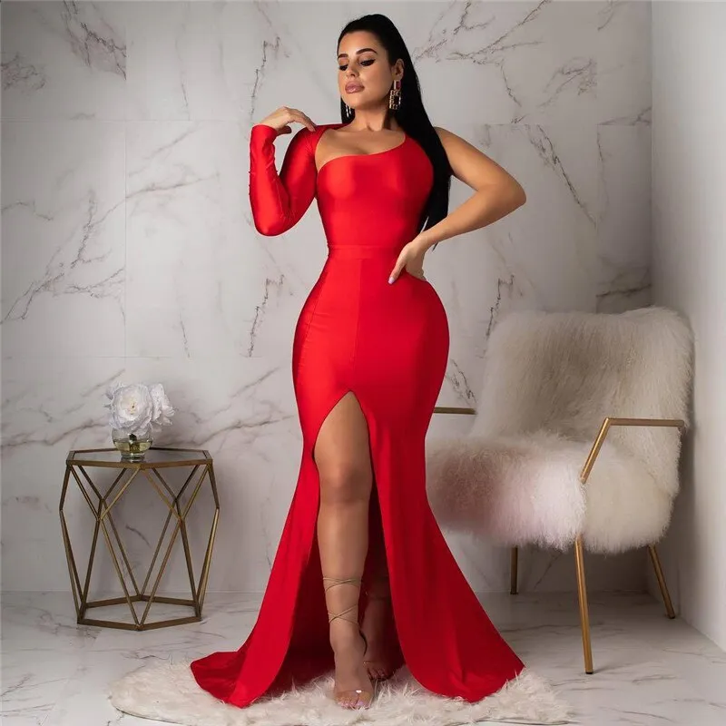 ANJAMANOR  Solid One Shoulder Backless Long Sleeve High Split Maxi Dress