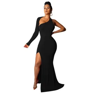 ANJAMANOR  Solid One Shoulder Backless Long Sleeve High Split Maxi Dress