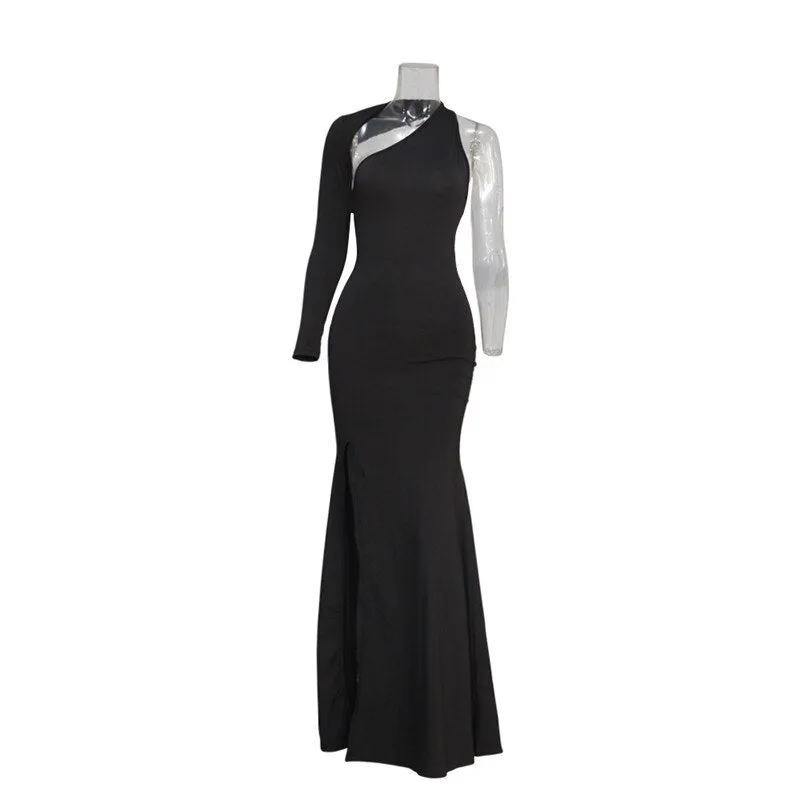 ANJAMANOR  Solid One Shoulder Backless Long Sleeve High Split Maxi Dress