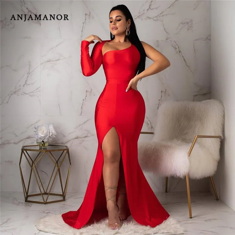 ANJAMANOR  Solid One Shoulder Backless Long Sleeve High Split Maxi Dress