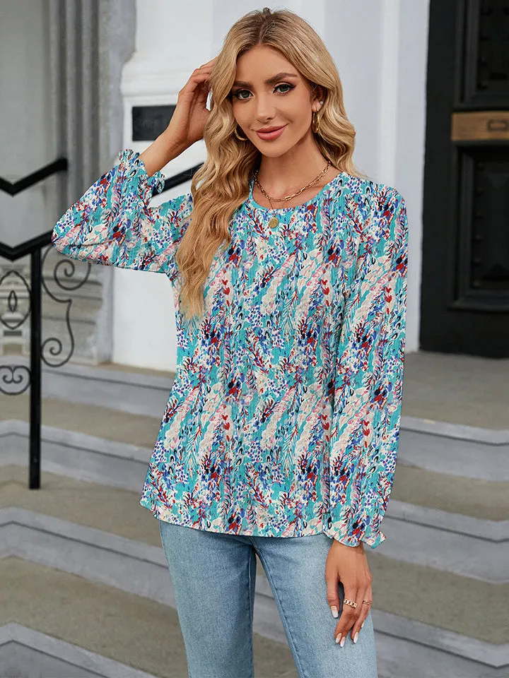 Aster Printed Round Neck Flounce Sleeve Blouse
