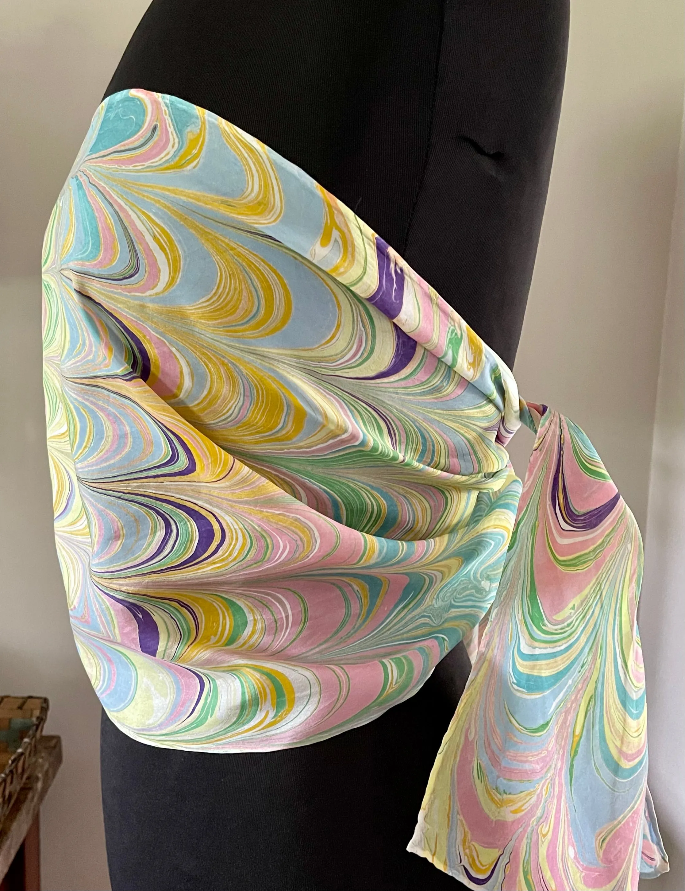 Barbie.  Stripes pink yellow blue water marbled 8mm Habotai silk.  Hang on the wall, use as a table runner or wear this unique piece