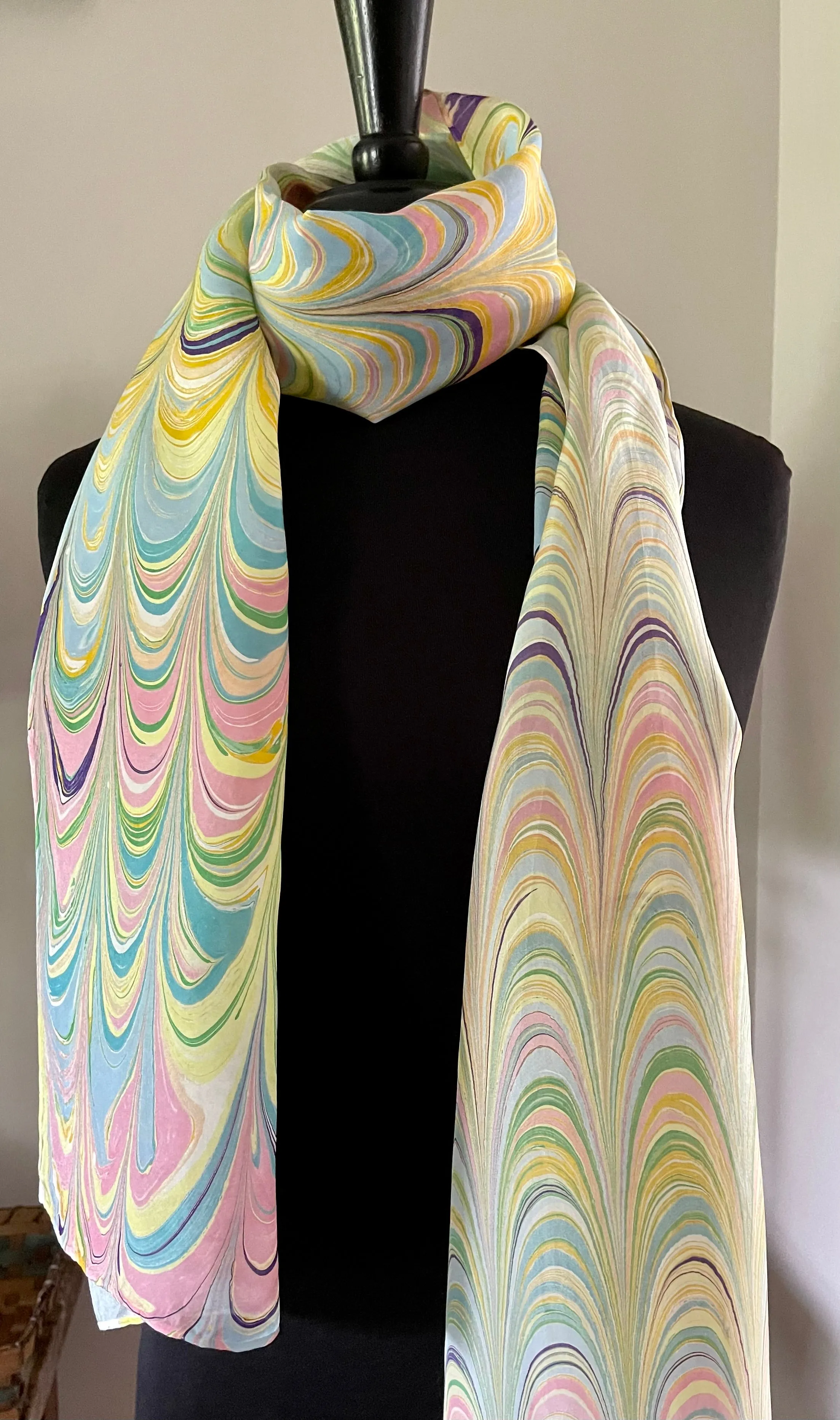 Barbie.  Stripes pink yellow blue water marbled 8mm Habotai silk.  Hang on the wall, use as a table runner or wear this unique piece