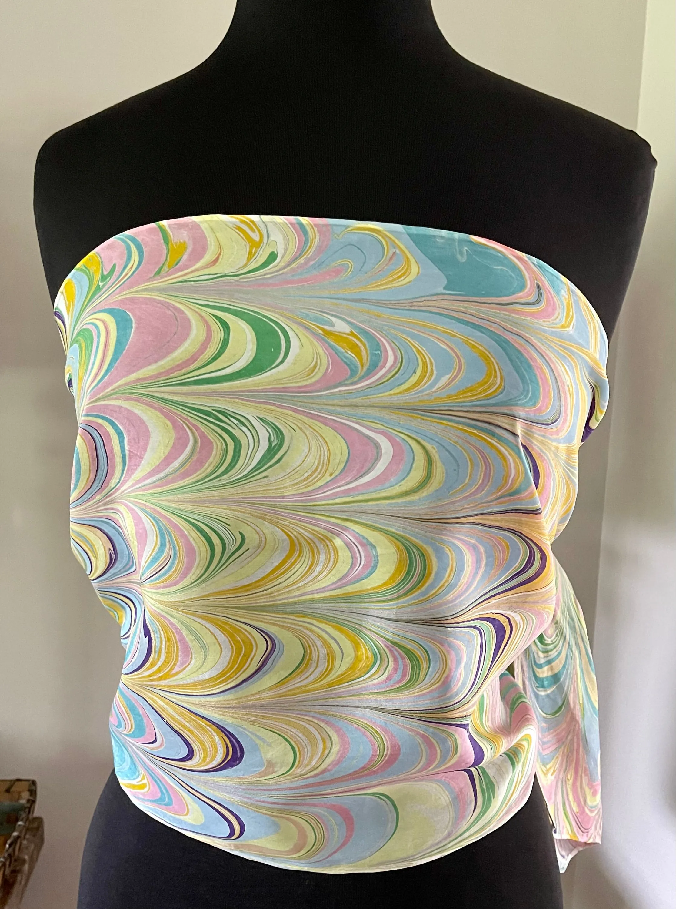Barbie.  Stripes pink yellow blue water marbled 8mm Habotai silk.  Hang on the wall, use as a table runner or wear this unique piece