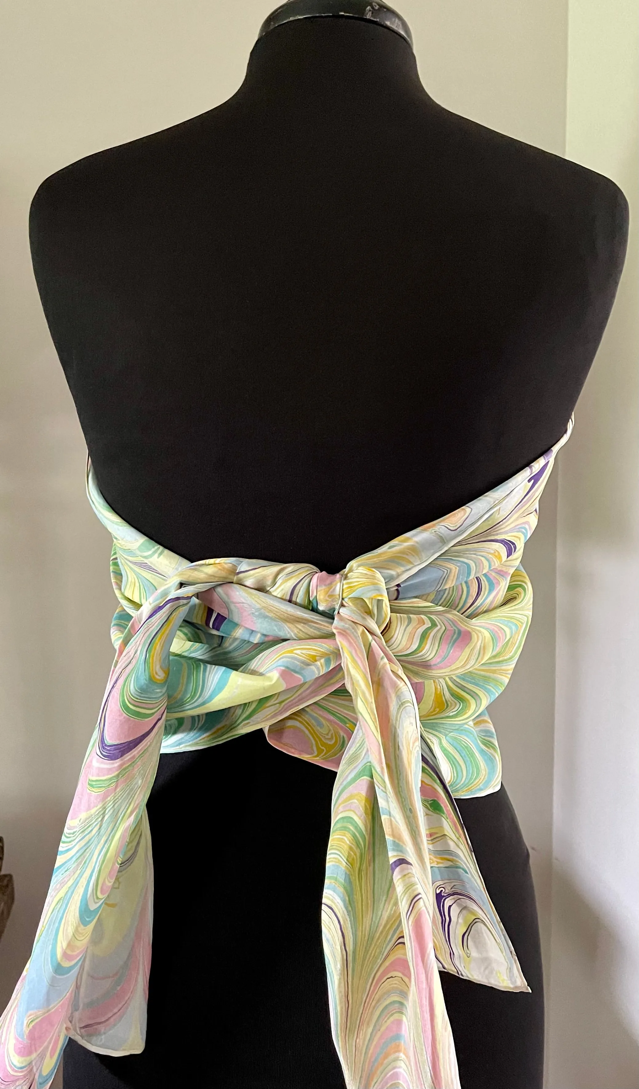 Barbie.  Stripes pink yellow blue water marbled 8mm Habotai silk.  Hang on the wall, use as a table runner or wear this unique piece