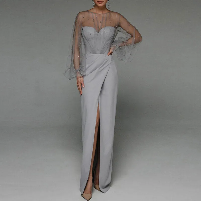 Beaded Sheer Mesh Patchwork High Slit Floor-Length Dress