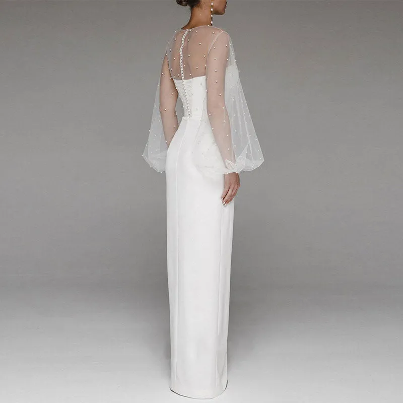 Beaded Sheer Mesh Patchwork High Slit Floor-Length Dress