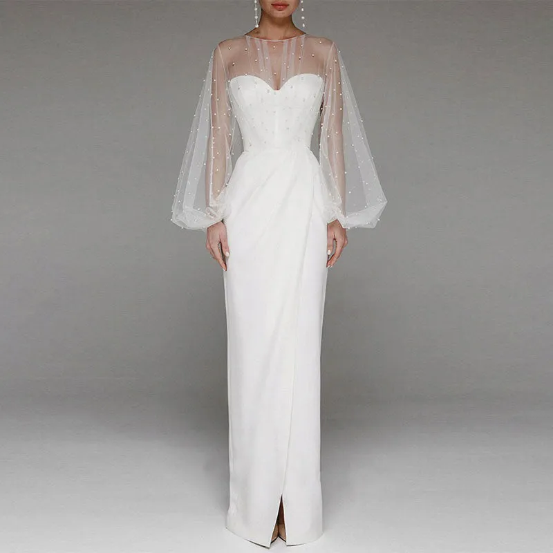Beaded Sheer Mesh Patchwork High Slit Floor-Length Dress