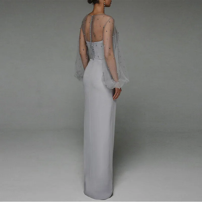 Beaded Sheer Mesh Patchwork High Slit Floor-Length Dress