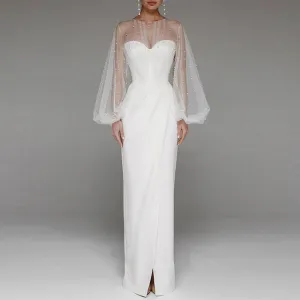 Beaded Sheer Mesh Patchwork High Slit Floor-Length Dress