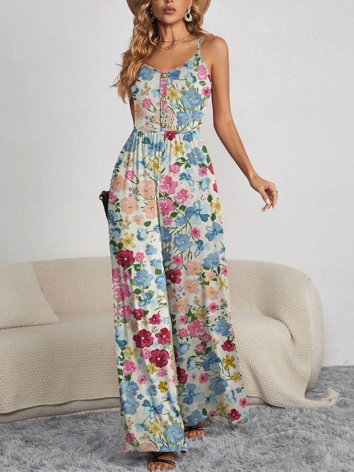 Beautiful Blooms Sleeveless Floral Wide Leg Jumpsuit