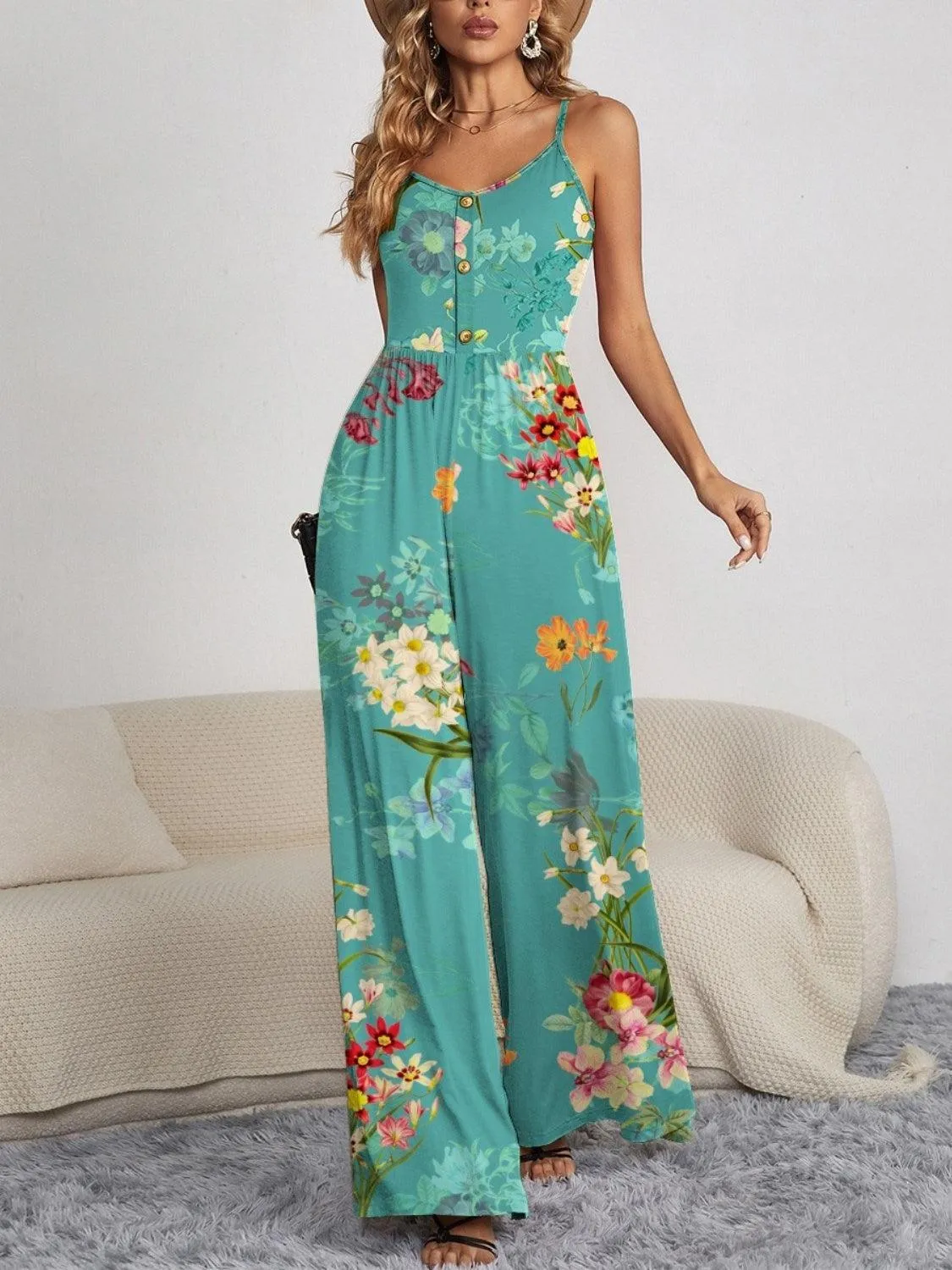 Beautiful Blooms Sleeveless Floral Wide Leg Jumpsuit