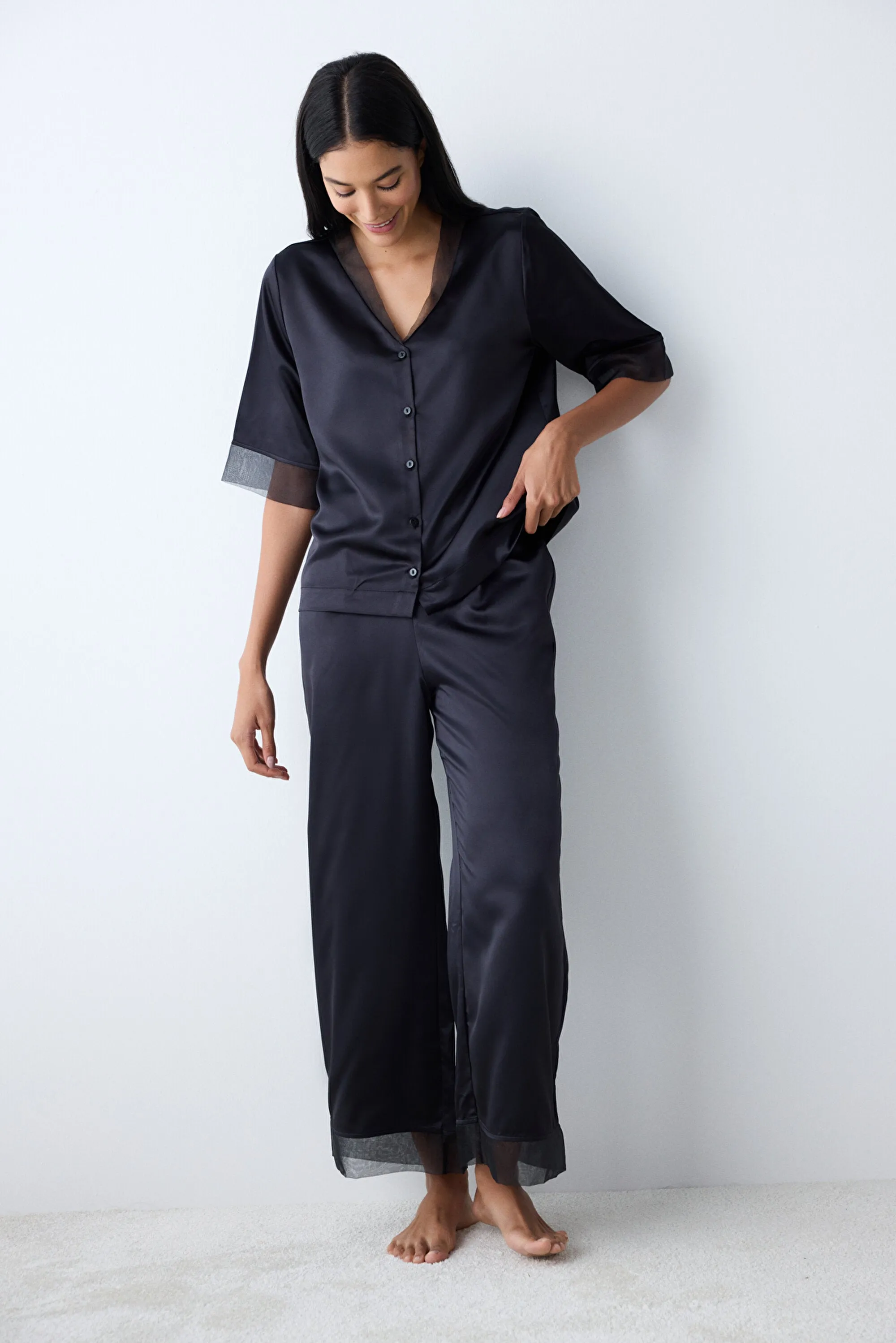 Belle Satin Black Shirt Pants Pajama Set