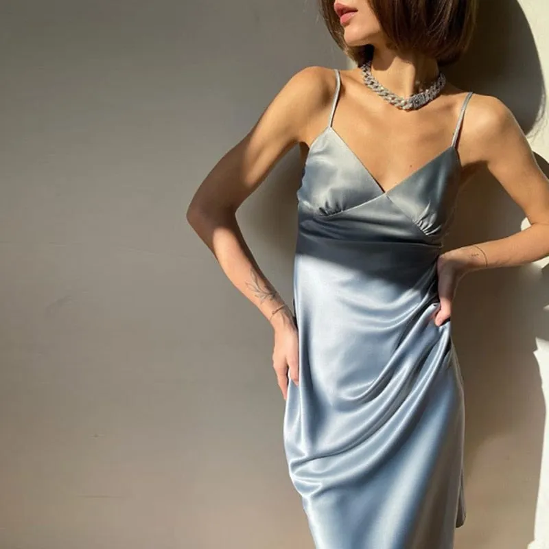 BerryBetty - Women Satin Deep V Neck Sexy Dress Solid Straight Pajamas Party Dress Elegant Female Summer Spaghetti Strap Dress Casual