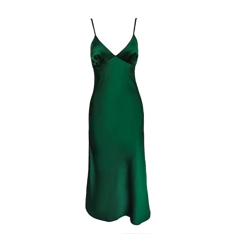 BerryBetty - Women Satin Deep V Neck Sexy Dress Solid Straight Pajamas Party Dress Elegant Female Summer Spaghetti Strap Dress Casual