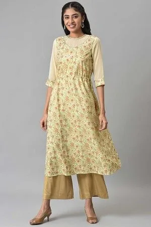 Biege A-line Floral Printed kurta