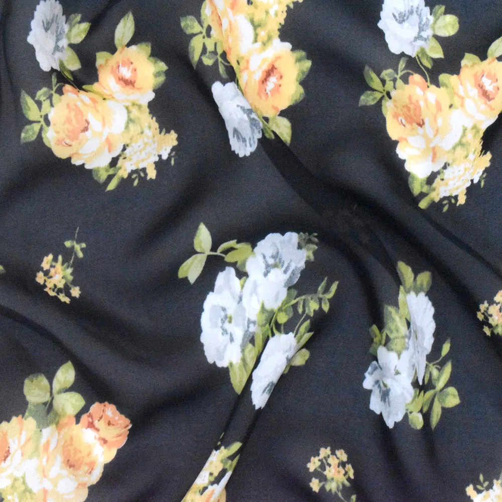 Black-Antique Yellow-Multi Floral Printed Chiffon Fabric
