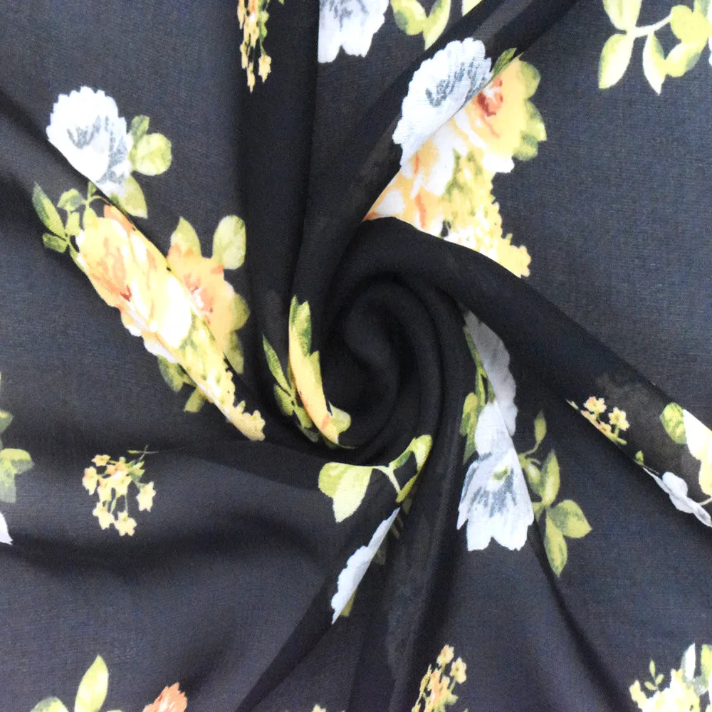 Black-Antique Yellow-Multi Floral Printed Chiffon Fabric