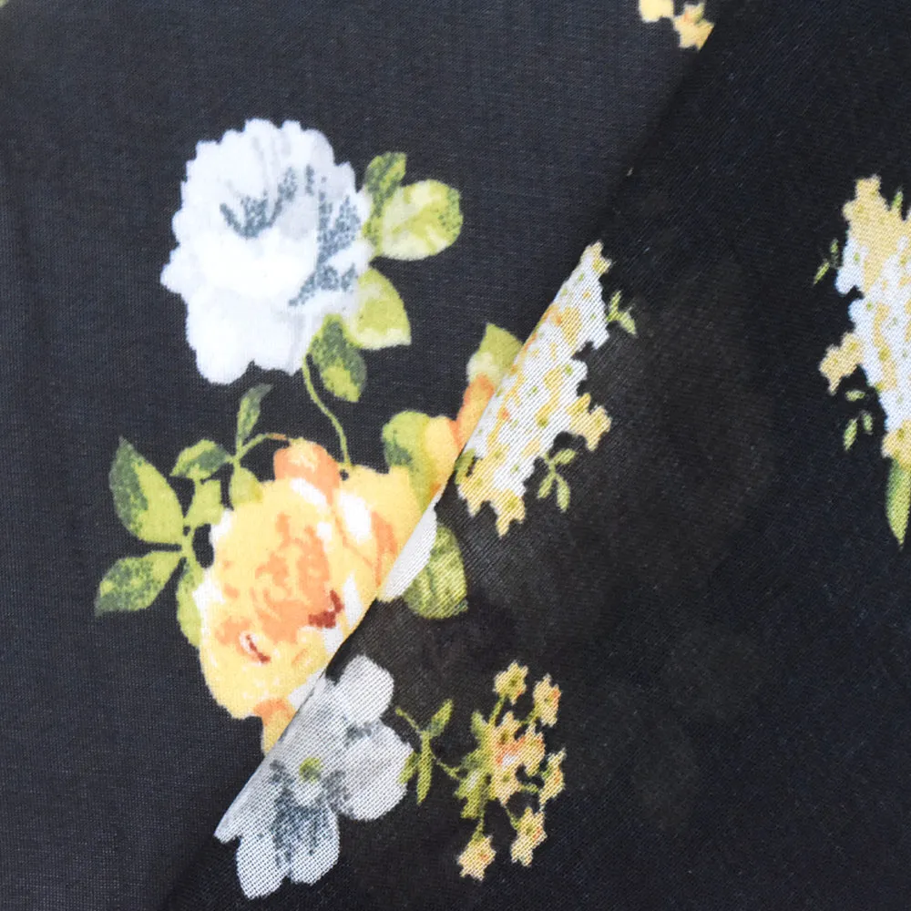 Black-Antique Yellow-Multi Floral Printed Chiffon Fabric